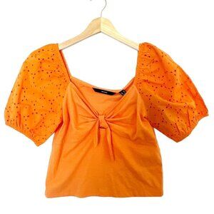 Vero Moda Womens M Crop Top Front Knot Tangerine Orange‎ Eyelet Puff Sleeve